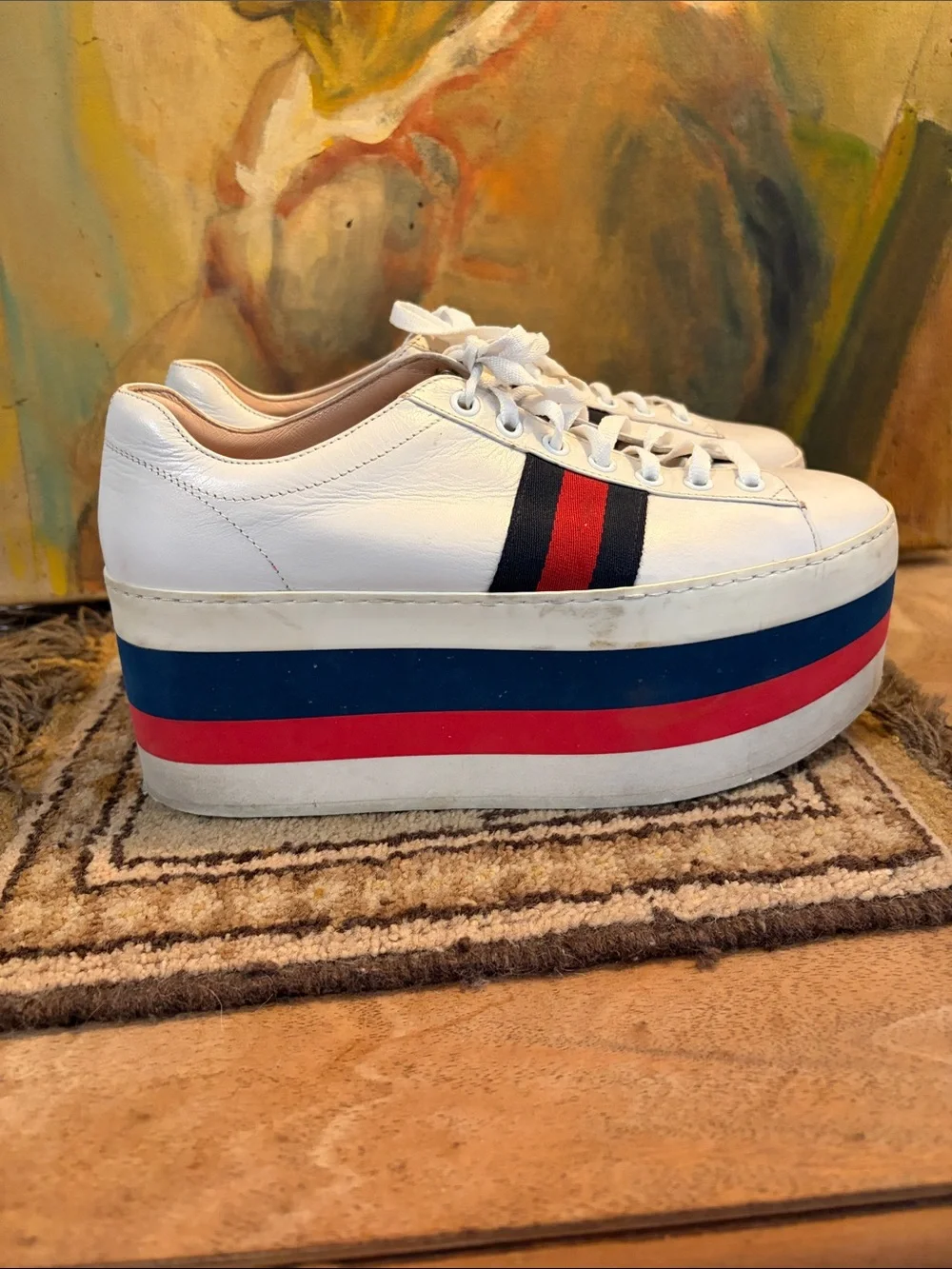 Gucci DAMAGED White Platform Sneakers with Red and Blue Stripe Accents - SZ 38